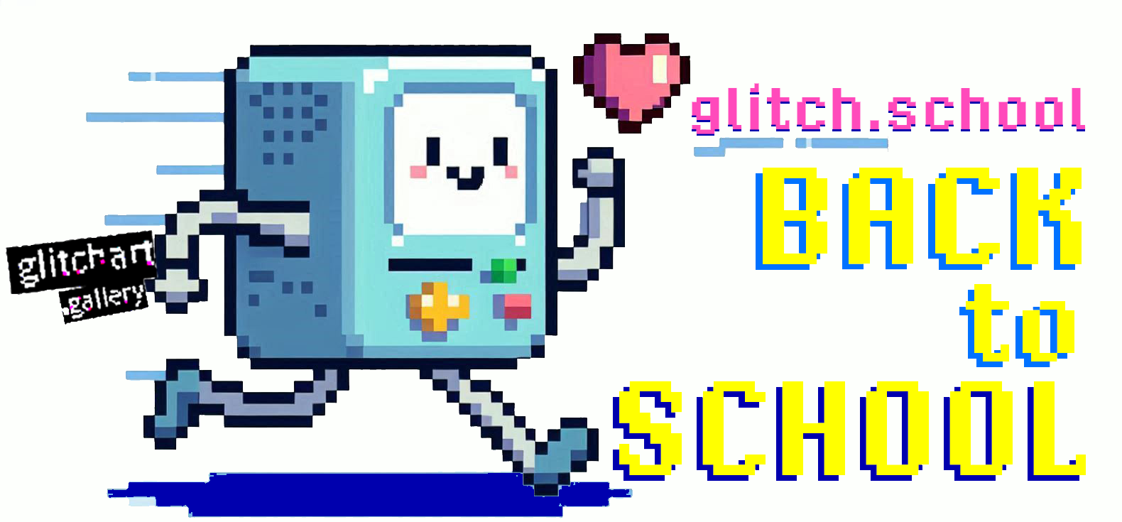 cute computer runs towards the words glitch school BACK to SCHOOL